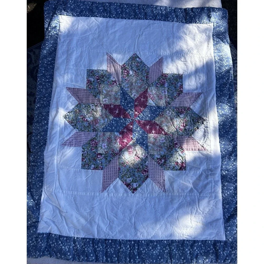 Vintage Cottage Floral Patchwork Quilted Pillow Shams Pair Blue Pink Zip Closure